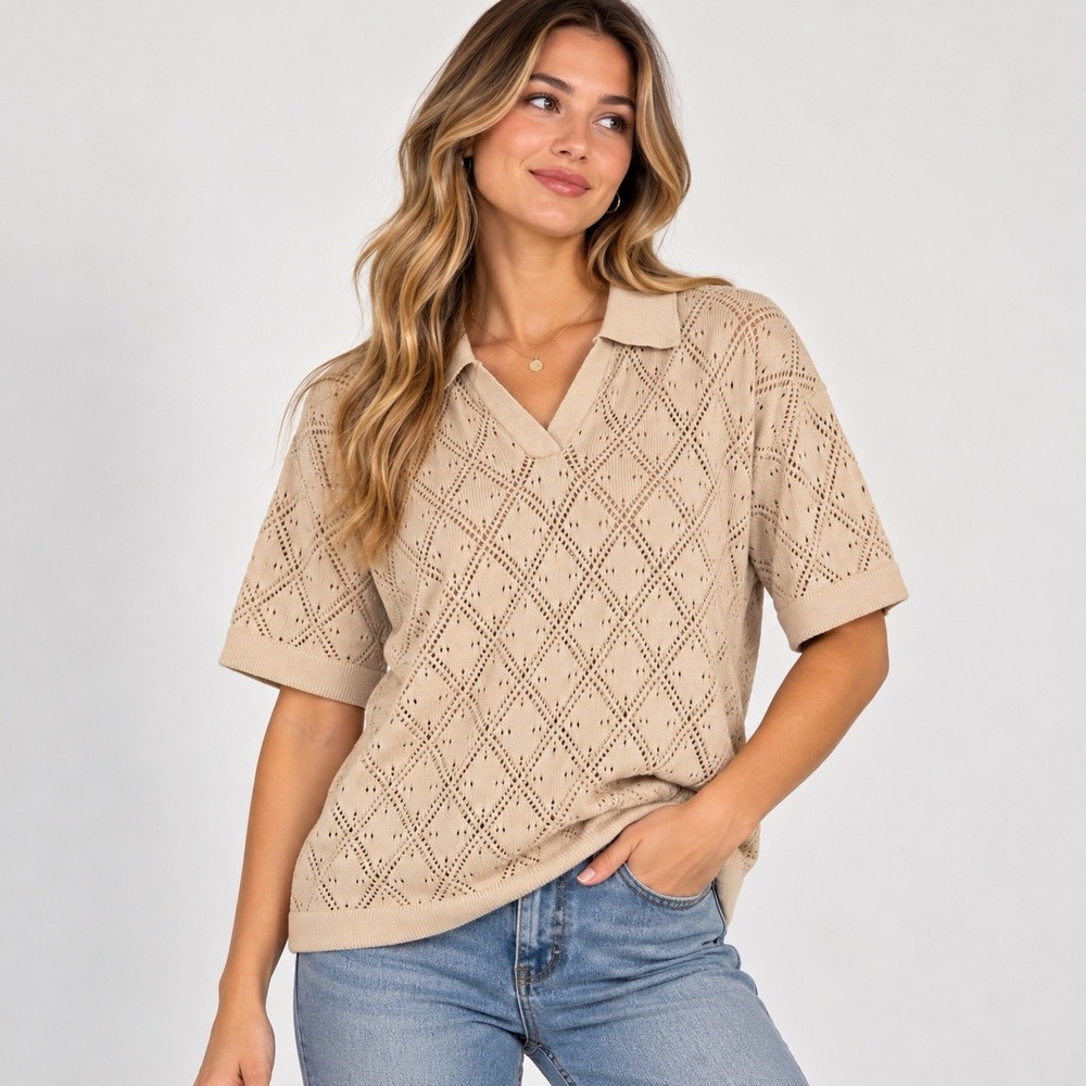 Urban Outfitters Women's Large Beige Open Knit Pointelle Polo Sweater Top